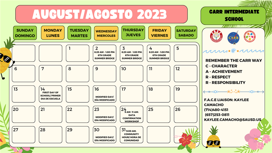 August 2023 Carr Wellness Center Calendar FACE Liaison SAUSD 